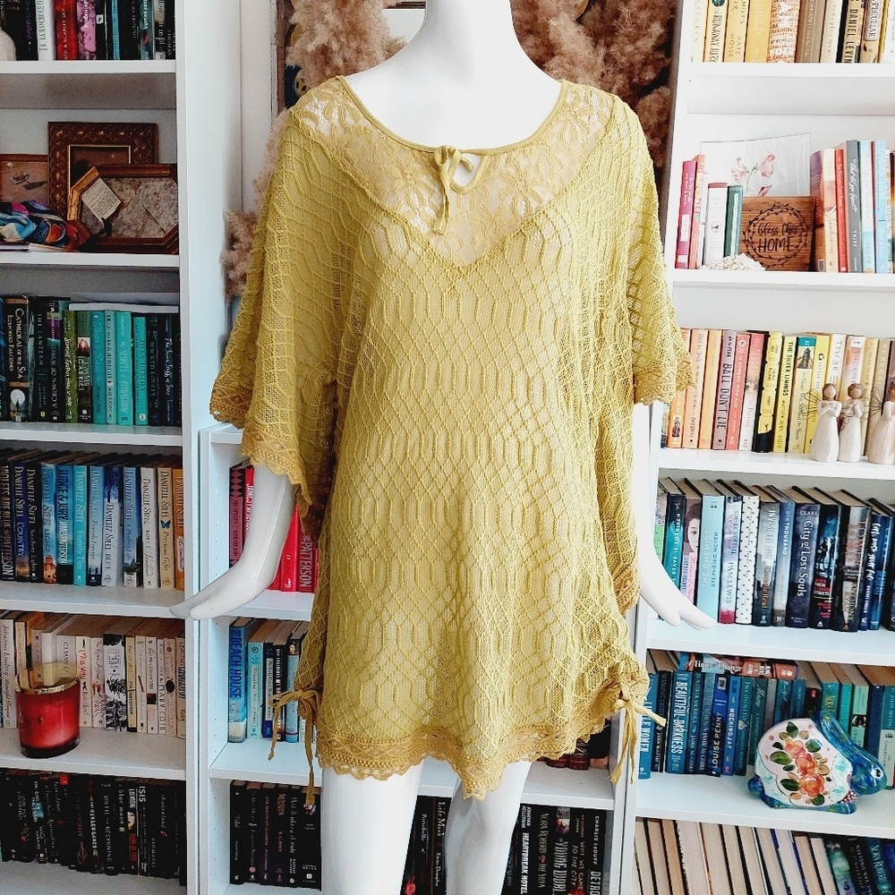 Monoreno Yellow Knit and Embroidery Festival Boho Style Bell Sleeve Tunic P87